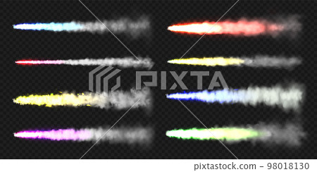 Realistic colorful space rocket trails. Festive fireworks launch. Fire burst, explosion. Missile or bullet trail. Jet aircraft tracks. Smoke clouds, fog. Steam flow. Vector illustration 98018130