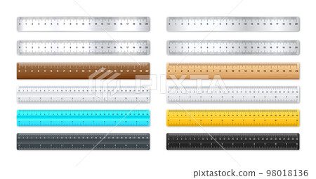 Realistic various metal and plastic rulers with measurement scale and divisions, measure marks. School ruler, centimeter and inch scale for length measuring. Office supplies. Vector illustration Realistic various metal and plastic rulers with measurement scale and divisions, measure marks. School ruler, centimeter and inch scale for length measuring. Office supplies. Vector illustration 98018136