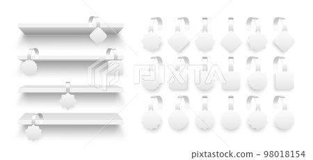 Store shelves with supermarket promotional wobblers. Product shelf and advertising wobbler. Grocery wall rack. Sale or discount label, special offer price tag. Vector illustration 98018154