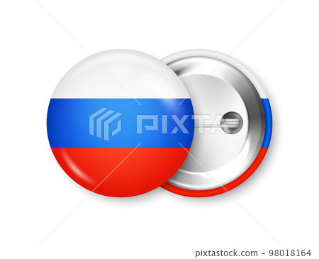 Realistic button badge with printed Russian flag. Souvenir from Russia. Glossy pin badge with shiny metal clasp. Product mockup for advertising and promotion. Vector illustration 98018164