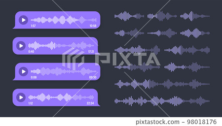 Voice, audio message, violet speech bubble. SMS text frame. Social media chat or messaging app conversation. Voice assistant, recorder. Sound wave pattern. Dark mode. Vector illustration Voice, audio message, violet speech bubble. SMS text frame. Social media chat or messaging app conversation. Voice assistant, recorder. Sound wave pattern. Dark mode. Vector illustration 98018176
