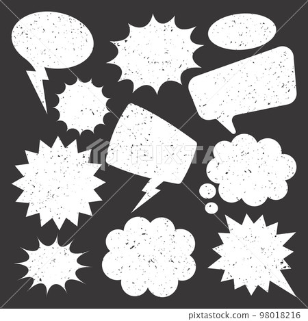White grunge comic speech bubbles on dark background. Hand drawn retro cartoon stickers. Chatting, message box. Vector illustration White grunge comic speech bubbles on dark background. Hand drawn retro cartoon stickers. Chatting, message box. Vector illustration 98018216