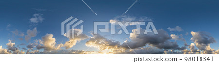 Dark blue sunset sky panorama with Cumulus clouds. Seamless hdr pano in spherical equirectangular format. Complete zenith for 3D visualization, game and sky replacement for aerial drone 360 panoramas. 98018341