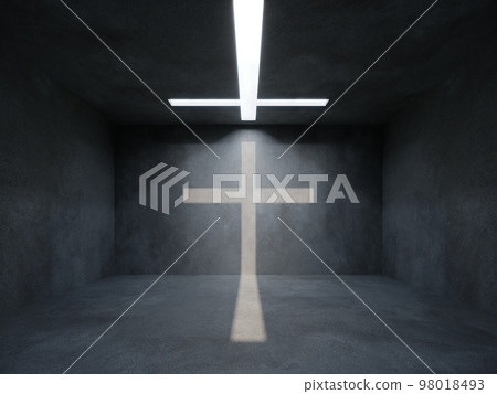 christian light cross in the dark room, 3d rendering 98018493