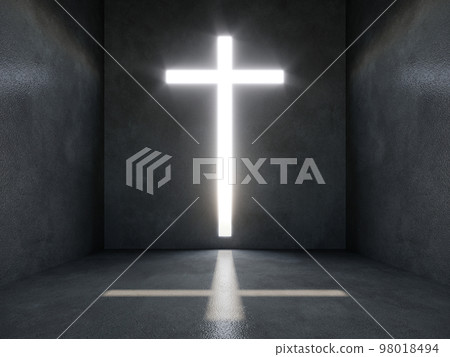 christian light cross in the dark room, 3d rendering 98018494