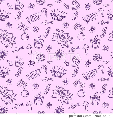 2000s emo girl kawaii style seamless pattern texture background with elements like crown, watermelon, bomb, arrow, speech balloon and diamond Doodle design for textile graphics, wallpapers 98018602