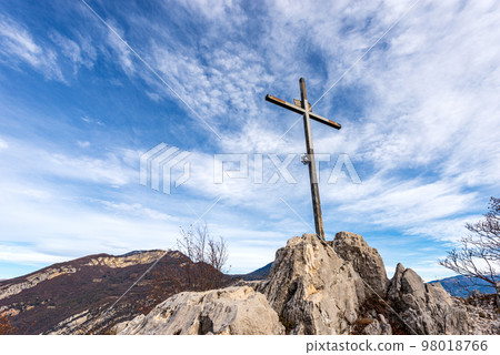 Metal Religious Cross on a Mountain Peak - Italian Alps Trentino 98018766
