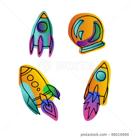Bright space doodle sticker set. Rocket image Bright space doodle sticker set. Rocket image 98018900