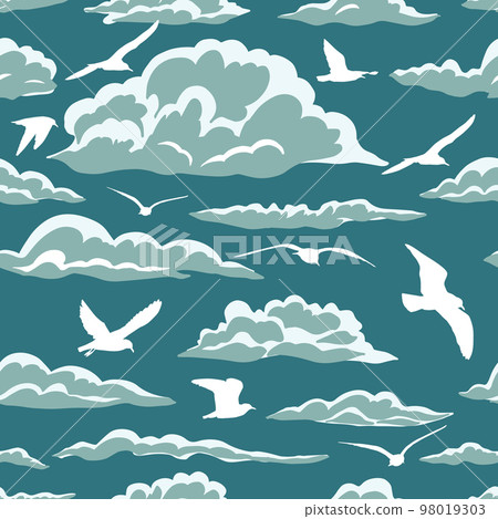 Seamless pattern with clouds and birds. Vintage hand drawn illustration with seagulls in the sky. Summer vacation. Vector illustration 98019303