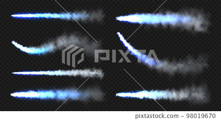 Realistic blue space rocket trails. Festive fireworks launch. Fire burst, explosion. Missile or bullet trail. Jet aircraft tracks. Smoke clouds, fog. Steam flow. Vector illustration Realistic blue space rocket trails. Festive fireworks launch. Fire burst, explosion. Missile or bullet trail. Jet aircraft tracks. Smoke clouds, fog. Steam flow. Vector illustration 98019670