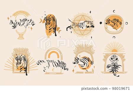 Hand drawn vector abstract graphic illustration celestial design concept with logo silhouette art set of mystic tiger animal,sun,moon and stars,isolated.Magic drawing tiger icon.Vector striped tiger. Hand drawn vector abstract graphic illustration celestial design concept with logo silhouette art set of mystic tiger animal,sun,moon and stars,isolated.Magic drawing tiger icon.Vector striped tiger. 98019671