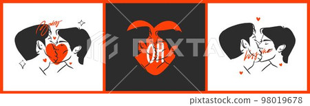 Hand drawn vector abstract graphic illustration Valentines day cards template, drawing kissing gay couple face set in heart silhouette.Love couple kissing together.Valentines beautiful design concept. 98019678