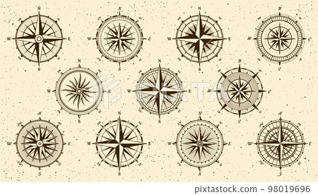 Vintage marine wind rose, nautical chart. Monochrome navigational compass with cardinal directions of North, East, South, West. Geographical position, cartography and navigation. Vector illustration. Vintage marine wind rose, nautical chart. Monochrome navigational compass with cardinal directions of North, East, South, West. Geographical position, cartography and navigation. Vector illustration. 98019696