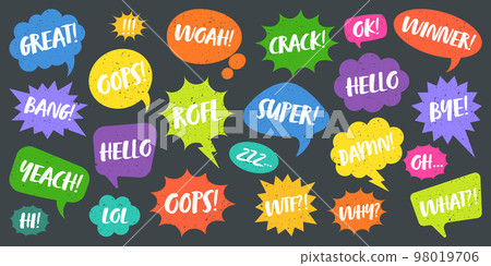 Colorful grunge comic speech bubbles with handwritten text. Hand drawn retro cartoon stickers. Chatting, message box. Vector illustration 98019706