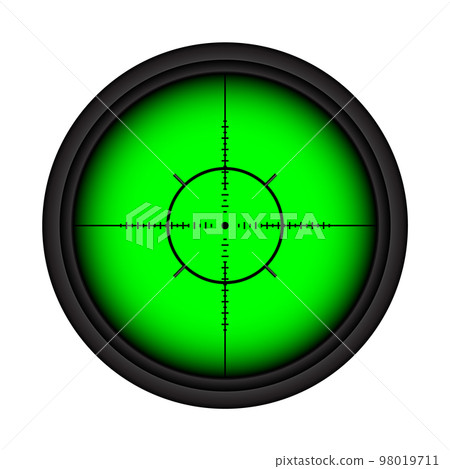 Weapon night sight, sniper rifle optical scope. Hunting gun viewfinder with crosshair. Aim, shooting mark symbol. Military target sign, silhouette. Game interface UI element. Vector illustration Weapon night sight, sniper rifle optical scope. Hunting gun viewfinder with crosshair. Aim, shooting mark symbol. Military target sign, silhouette. Game interface UI element. Vector illustration 98019711