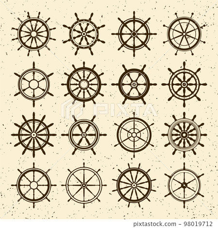 Collection of grunge vintage steering wheels. Ship, yacht retro wheel symbol. Nautical rudder icon. Marine design element. Vector illustration 98019712