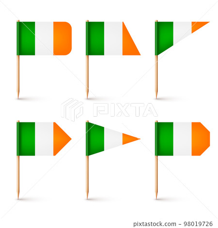Realistic various Irish toothpick flags. Souvenir from Ireland. Wooden toothpicks with paper flag. Location mark, map pointer. Blank mockup for advertising and promotions. Vector illustration 98019726