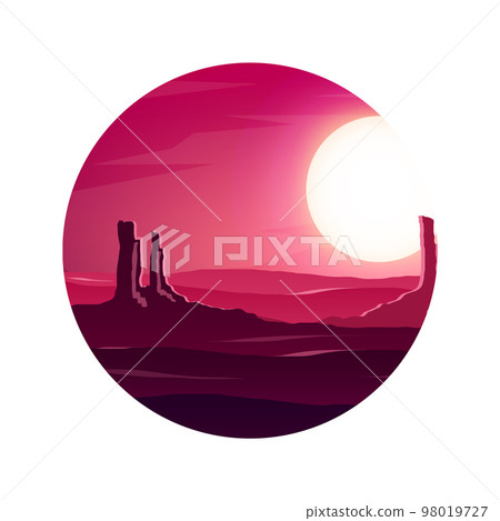 Colorful desert landscape with mountains, hills, sand dunes and deserted valleys. Desert area of Africa or Mexico. Extreme tourism and traveling. Wild West safari tour. Vector illustration 98019727
