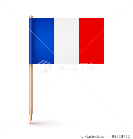 Realistic French toothpick flag. Souvenir from France. Wooden toothpick with paper flag. Location mark, map pointer. Blank mockup for advertising and promotions. Vector illustration Realistic French toothpick flag. Souvenir from France. Wooden toothpick with paper flag. Location mark, map pointer. Blank mockup for advertising and promotions. Vector illustration 98019732