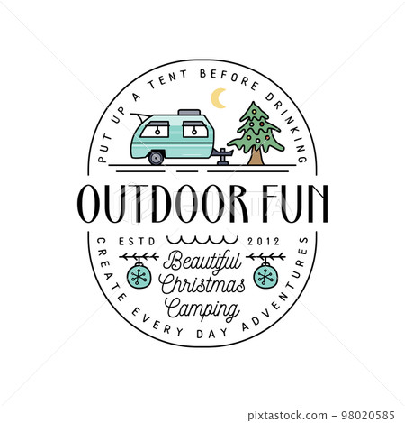 Camping christmas badge design with RV trailer in line colorful art style and quote - Outdoor fun. Travel logo graphics. Stock label Camping christmas badge design with RV trailer in line colorful art style and quote - Outdoor fun. Travel logo graphics. Stock label 98020585