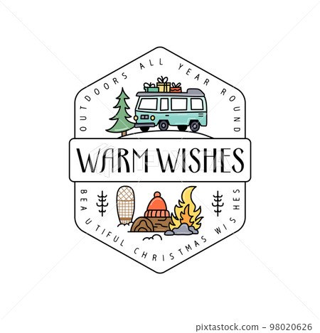 Camping christmas badge design with RV trailer in line colorful art style and quote - Warm wishes. Travel logo graphics. Stock label 98020626