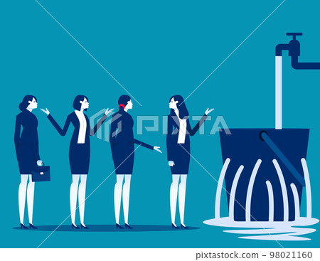 Team with leaking bucket. Business meeting vector illustration Team with leaking bucket. Business meeting vector illustration 98021160