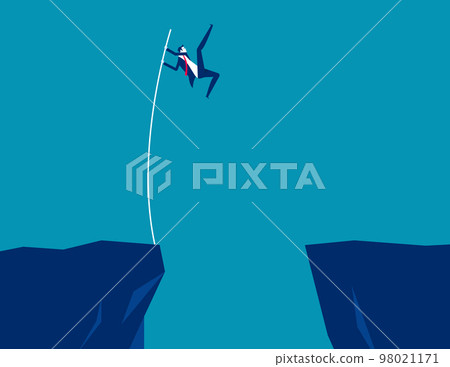 Businessman jumps with pole vault across the ravine. Business conquering adversity vector illustration Businessman jumps with pole vault across the ravine. Business conquering adversity vector illustration 98021171