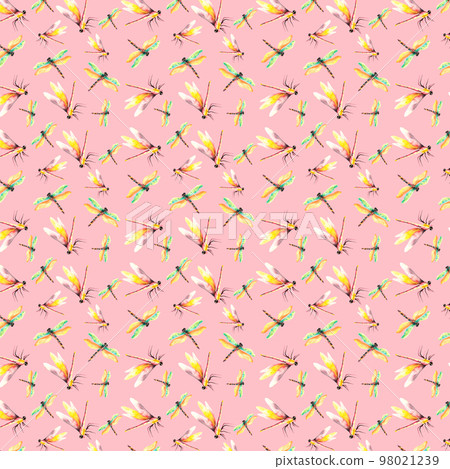 Dragonflies. Watercolor seamless pattern with dragonflies. Wildlife illustration. Watercolor pattern on pink background. For the design of the wallpaper or fabric. Flower painting for summer. Dragonflies. Watercolor seamless pattern with dragonflies. Wildlife illustration. Watercolor pattern on pink background. For the design of the wallpaper or fabric. Flower painting for summer. 98021239