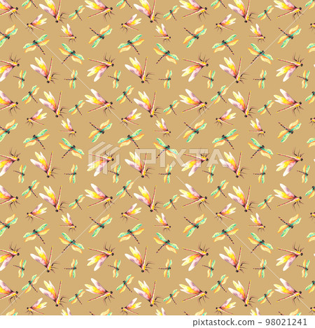 Dragonflies. Watercolor seamless pattern with dragonflies. Wildlife illustration. Watercolor pattern on dark yellow background. For the design of the wallpaper or fabric. Flower painting for summer. Dragonflies. Watercolor seamless pattern with dragonflies. Wildlife illustration. Watercolor pattern on dark yellow background. For the design of the wallpaper or fabric. Flower painting for summer. 98021241