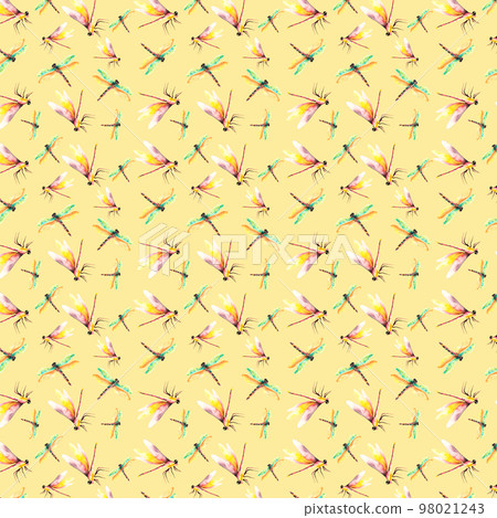 Dragonflies. Watercolor seamless pattern with dragonflies. Wildlife illustration. Watercolor pattern on yellow background. For the design of the wallpaper or fabric. Flower painting for summer. 98021243