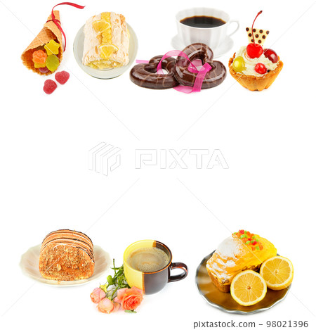 Sweet pastries and other desserts isolated on white . Collage. Free space for text. Sweet pastries and other desserts isolated on white . Collage. Free space for text. 98021396