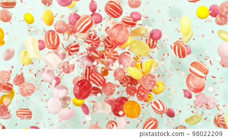 Freeze motion of flying various kind of candies. 98022209