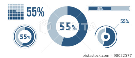 55% percentage infographic set. Fifty-five circle diagram, pie donut chart, progress bar. 55 percent loading data icon. Vector concept collection. 98022577