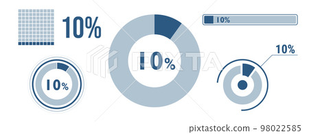 10% percentage infographic set. Ten circle diagram, pie donut chart, progress bar. 10 percent loading data icon. Vector concept collection. 98022585