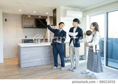 私人觀看：一對年輕夫婦帶著孩子參觀新建的公寓 98022658