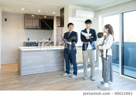 Private viewing: A young couple with a baby touring a newly built apartment Private viewing: A young couple with a baby touring a newly built apartment 98022661