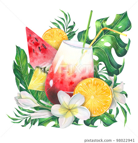 A beach cocktail with tropical fruits, flowers and leaves. Bright and juicy watercolor illustration. Composition from the BEACH BAR collection. For decoration and design of menus, bars, cafes A beach cocktail with tropical fruits, flowers and leaves. Bright and juicy watercolor illustration. Composition from the BEACH BAR collection. For decoration and design of menus, bars, cafes 98022941