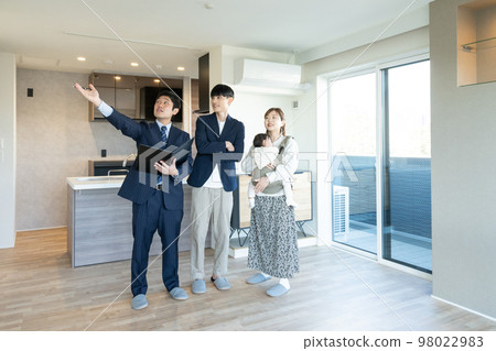 Private viewing: A young couple with a baby touring a newly built apartment Private viewing: A young couple with a baby touring a newly built apartment 98022983