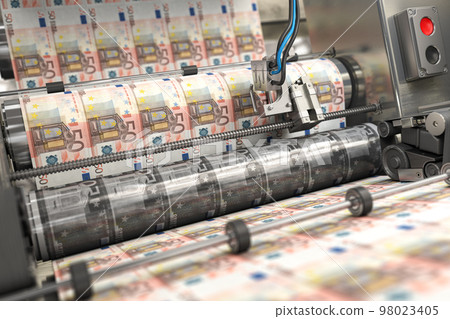 Printing money euro bills on a print machine in typography.. Finance, tax, stock market and investment, making money concept. 98023405