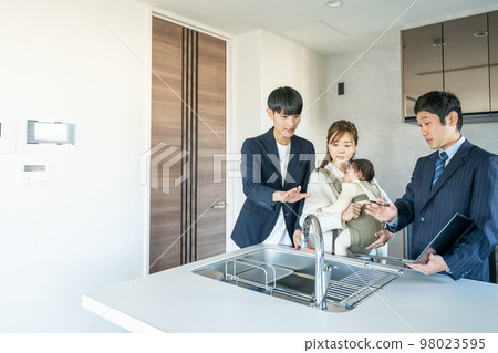 Private viewing: A young couple with a baby looking at the kitchen of a newly built apartment 98023595