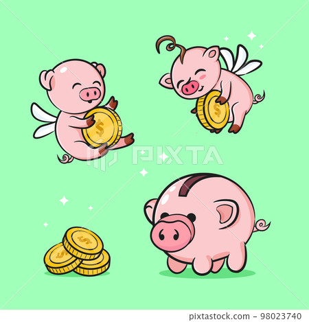 Cute pig, money box, money and stack of coins, saving money, business icon isolated on green background 98023740