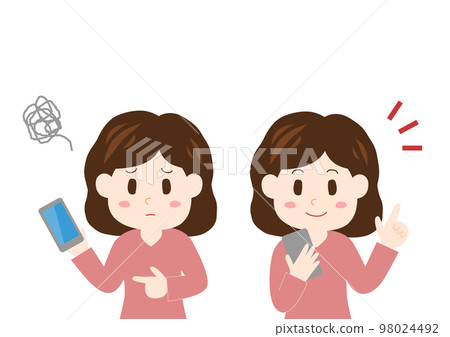 Illustration of a woman using a smartphone: smile and troubled face Illustration of a woman using a smartphone: smile and troubled face 98024492