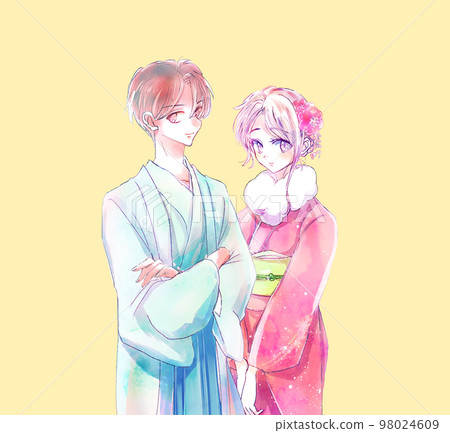 身著帶紋章的外罩和袴的男人，身穿長袖和服的女人，成人儀式 98024609