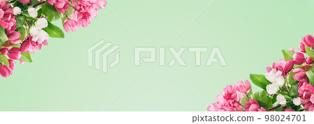 Spring blossom, branches of magenta blossoming red cherry full frame. Pink sakura or fruit tree viva flowers, copy space garden border banner. Spring blossom, branches of magenta blossoming red cherry full frame. Pink sakura or fruit tree viva flowers, copy space garden border banner. 98024701