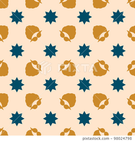 Christmas pattern. Vector seamless background with a beard, mustache, and stars. Festive design for poster backdrop, gift wrappers, textiles, and fabric. Gold and blue elements on the cream color. Christmas pattern. Vector seamless background with a beard, mustache, and stars. Festive design for poster backdrop, gift wrappers, textiles, and fabric. Gold and blue elements on the cream color. 98024798