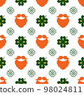 Seamless vector pattern with clover leaves, beards and mustaches. The St. Patrick's Day holidays backdrop. Colorful elements and outlines on the white. Background for decoration, packaging, and web. 98024811