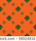 Seamless vector pattern with clover leaves. The holidays backdrop for St. Patrick's Day. Colorful elements on the orange. Festive background for greeting cards, decoration, packaging design, and web. 98024816