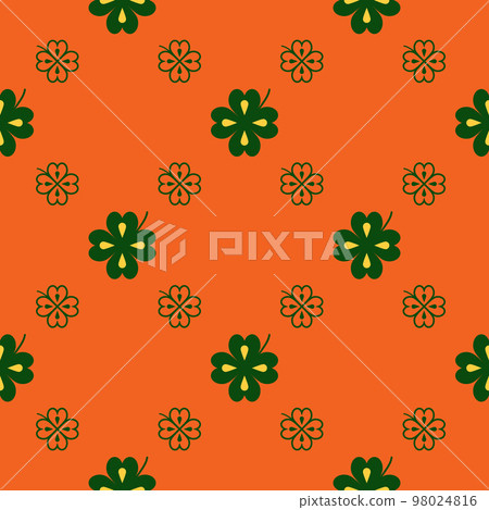 Seamless vector pattern with clover leaves. The holidays backdrop for St. Patrick's Day. Colorful elements on the orange. Festive background for greeting cards, decoration, packaging design, and web. Seamless vector pattern with clover leaves. The holidays backdrop for St. Patrick's Day. Colorful elements on the orange. Festive background for greeting cards, decoration, packaging design, and web. 98024816