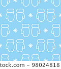 Cute mittens and snowflakes. White outlines on light blue background. Seamless vector pattern. Christmas background for festive designs, textile print, wrapping, decorations, banners, invitations. 98024818