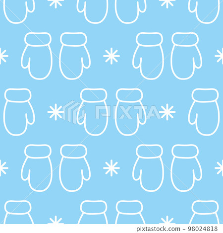 Cute mittens and snowflakes. White outlines on light blue background. Seamless vector pattern. Christmas background for festive designs, textile print, wrapping, decorations, banners, invitations. 98024818